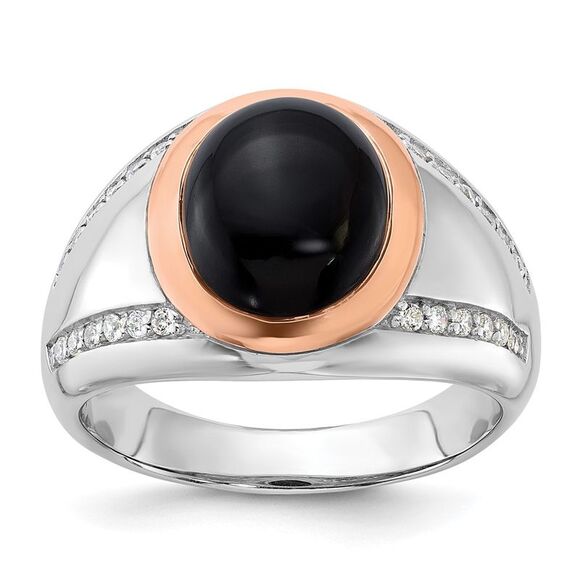 Kazi Luxury Sterling Silver RH-plated Rose Gold-plated Onyx and CZ Ring